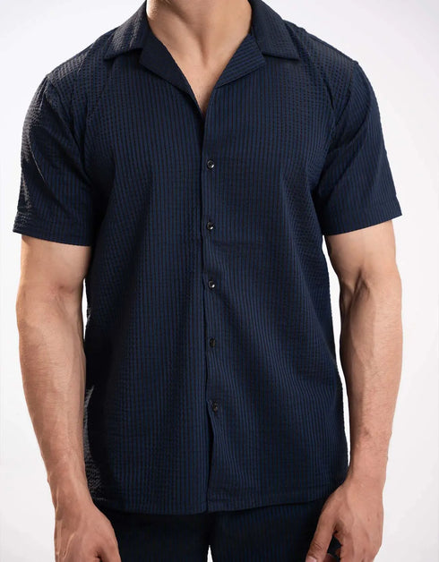 TEXTURED STRIPED CAMP COLLAR SHIRT